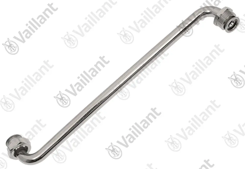Vaillant Rohr mit gebogenem Ende, geeignet für Rohrverbindungen in Heizungs- oder Sanitärsystemen, aus Metall gefertigt.